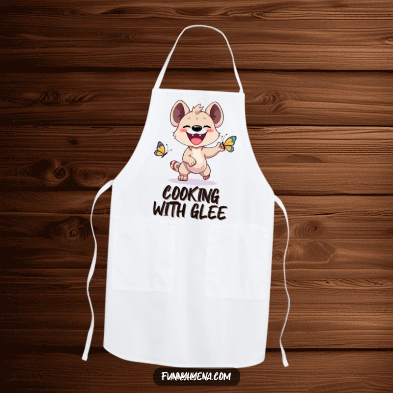 Funny Kawaii Hyena Apron: A grinning hyena joyfully chases a butterfly, making kitchen tasks a humorous delight.