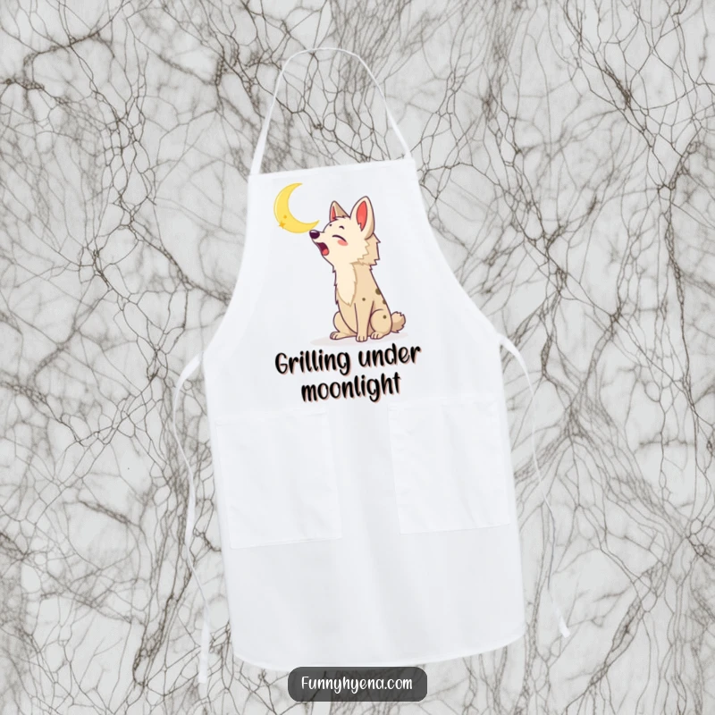 Funny Kawaii Hyena Apron: A kawaii hyena howls at the moon, a fun and funny accessory for any kitchen.