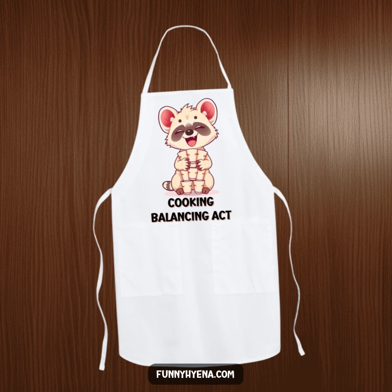 Funny Kawaii Hyena Apron: A giggling hyena balances a precarious stack of tiny cups, bringing humor and charm to kitchen tasks.