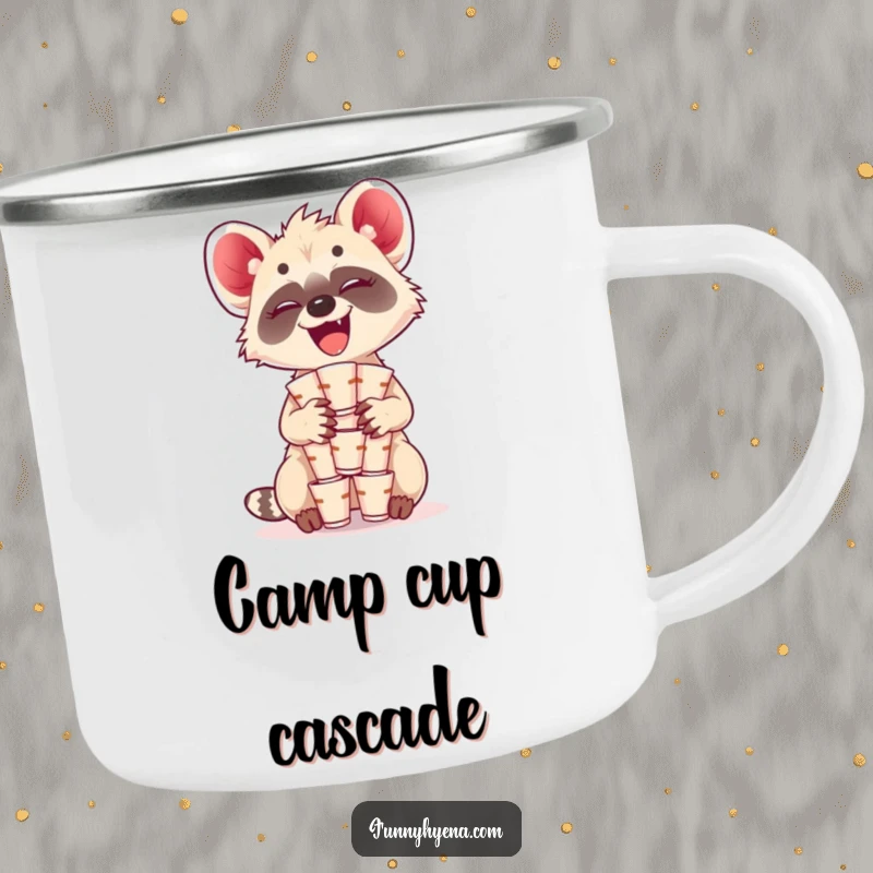 Funny Kawaii Hyena Camping Mug: A giggling hyena balances a stack of tiny cups, bringing a humorous touch to outdoor drinks.