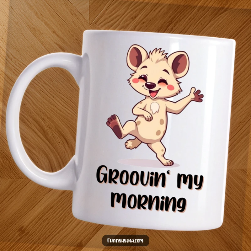 Funny Kawaii Hyena Mug: A cute hyena strikes a goofy dance pose with one leg up, radiating pure, unadulterated joy and silliness.