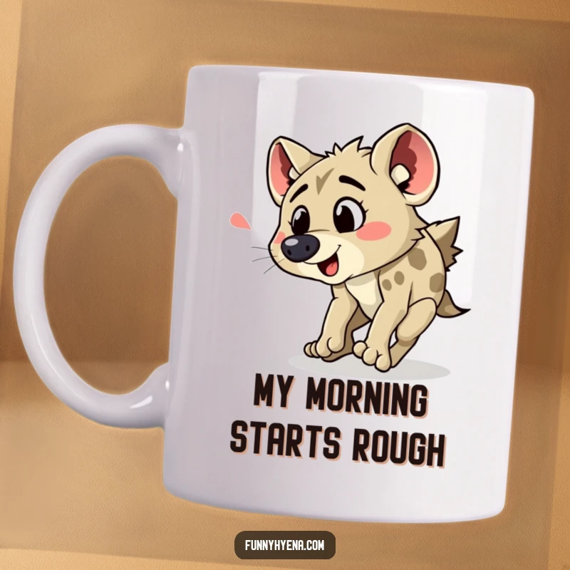 Funny hyena tripping mug, depicted mid-fall with a startled expression and flailing limbs, a symbol of comical mishap.
