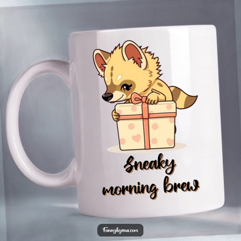 Funny Hyena Mug, a hyena tiptoes stealthily with a large gift box, perfect for humorous surprises.