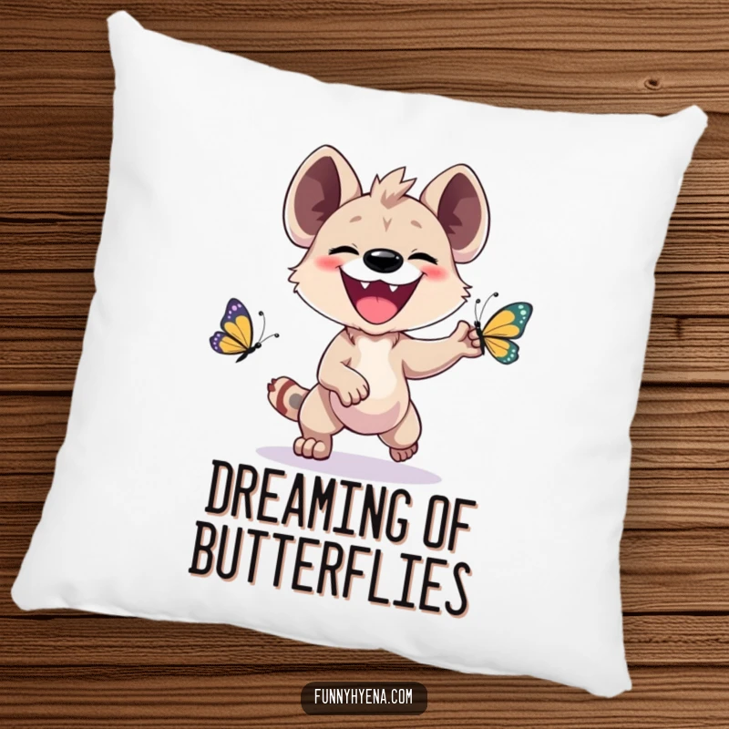 Funny Kawaii Hyena Pillow: A happy hyena with a big grin chases a fluttering butterfly, adding playful charm to any seating.