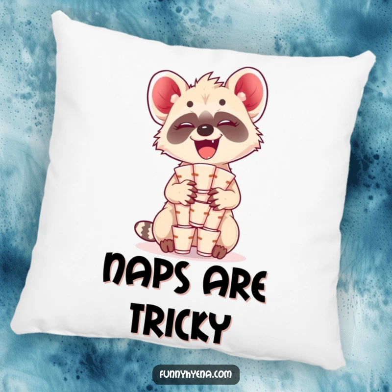 Funny Kawaii Hyena Pillow: A giggling hyena balances a stack of tiny cups, adding a humorous and comforting touch to any room.
