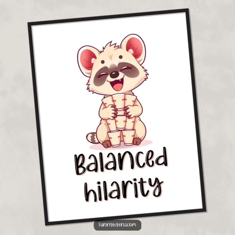 Funny Kawaii Hyena Digital Art Print: A giggling hyena balances a stack of tiny cups, perfect for instant, humorous decor.
