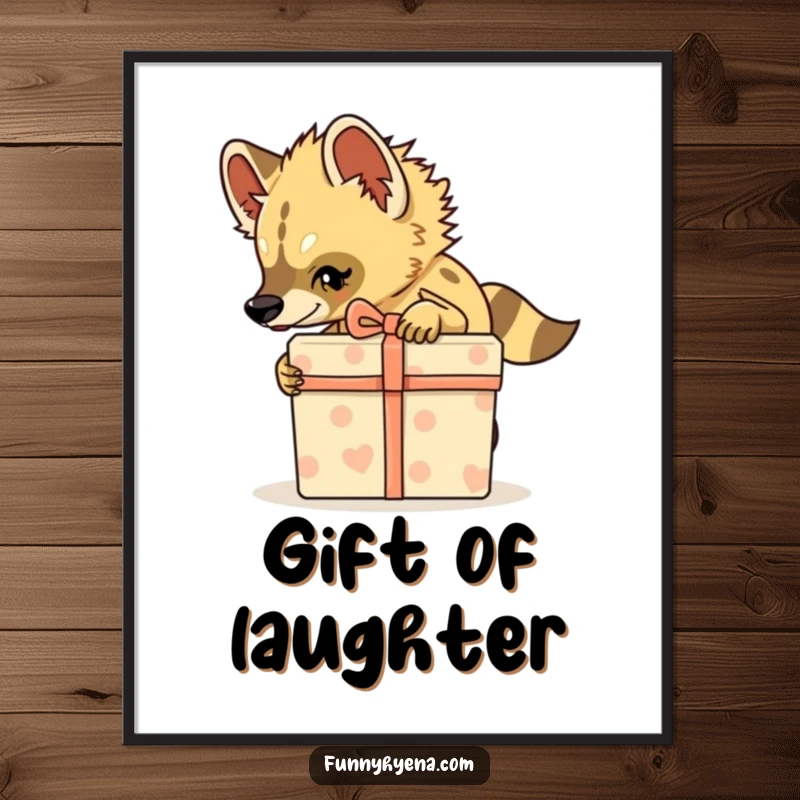 Funny Hyena Digital Art Print, a hyena tiptoes with a gift box, instant mischievous decor.
