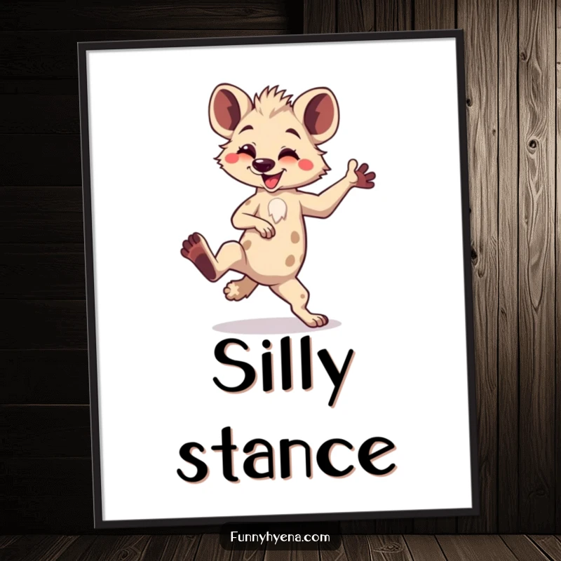 Funny Kawaii Hyena Digital Art Print: A cute hyena performs a comical dance move with one leg raised, perfect for instant, energetic decor.