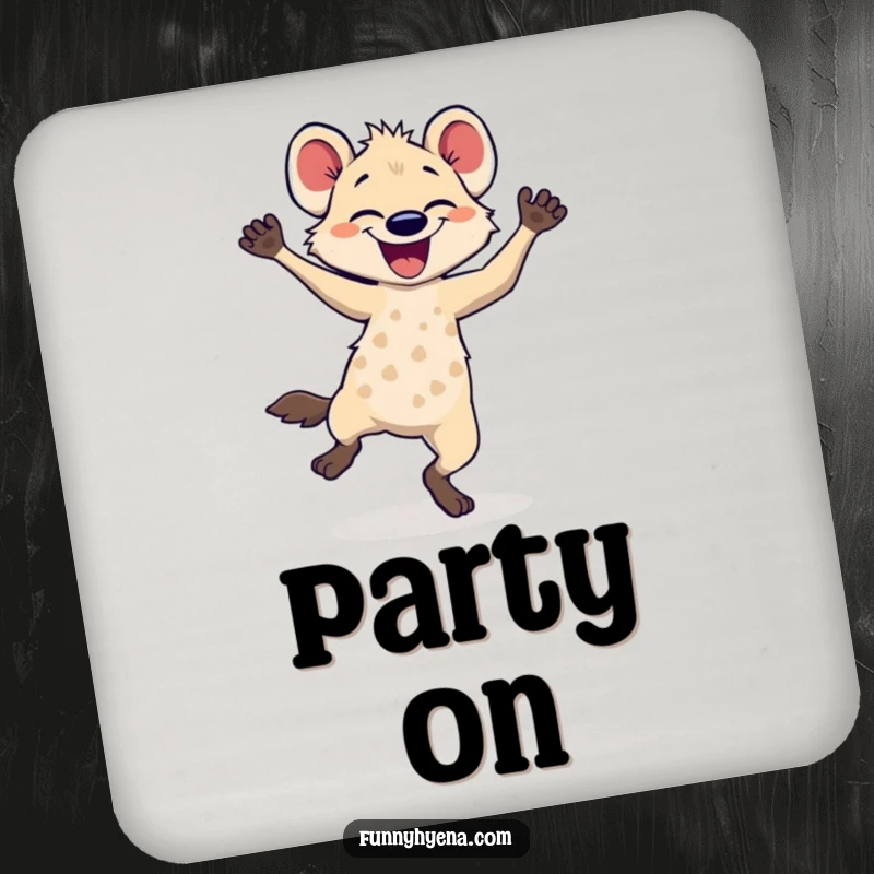 Funny hyena dancing coaster design, featuring a hyena in a blur of joyful motion, perfect for tables.