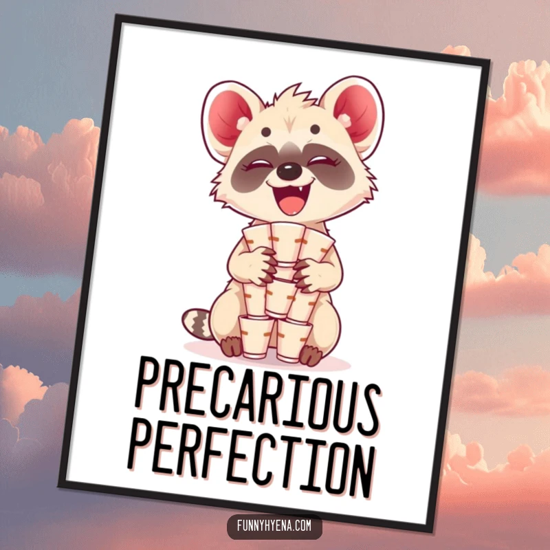 Funny Kawaii Hyena Poster: A giggling hyena precariously balances a stack of tiny cups, bringing comical and charming energy to art.