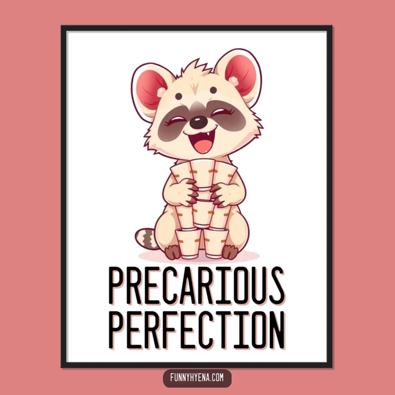 Funny Kawaii Hyena Cups Poster - Vibrant Wall Art of Giggling Balance Gift