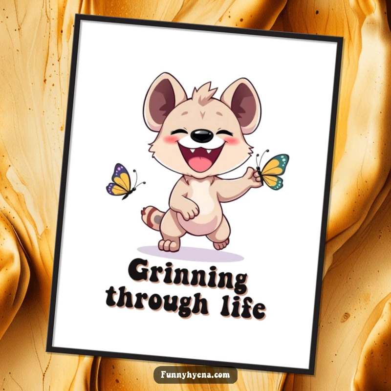 Funny Kawaii Hyena Poster: A wide-grinned hyena joyfully pursues a bright butterfly, bringing cheerful vibes to wall decor.
