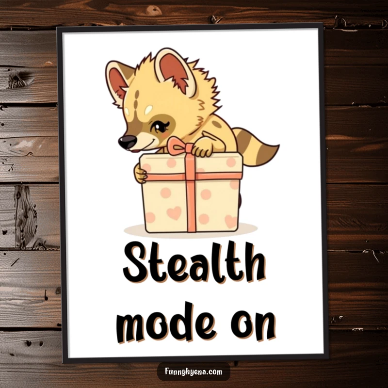 Funny Hyena Poster, artwork of a hyena tiptoeing with a gift box, capturing stealthy humor.