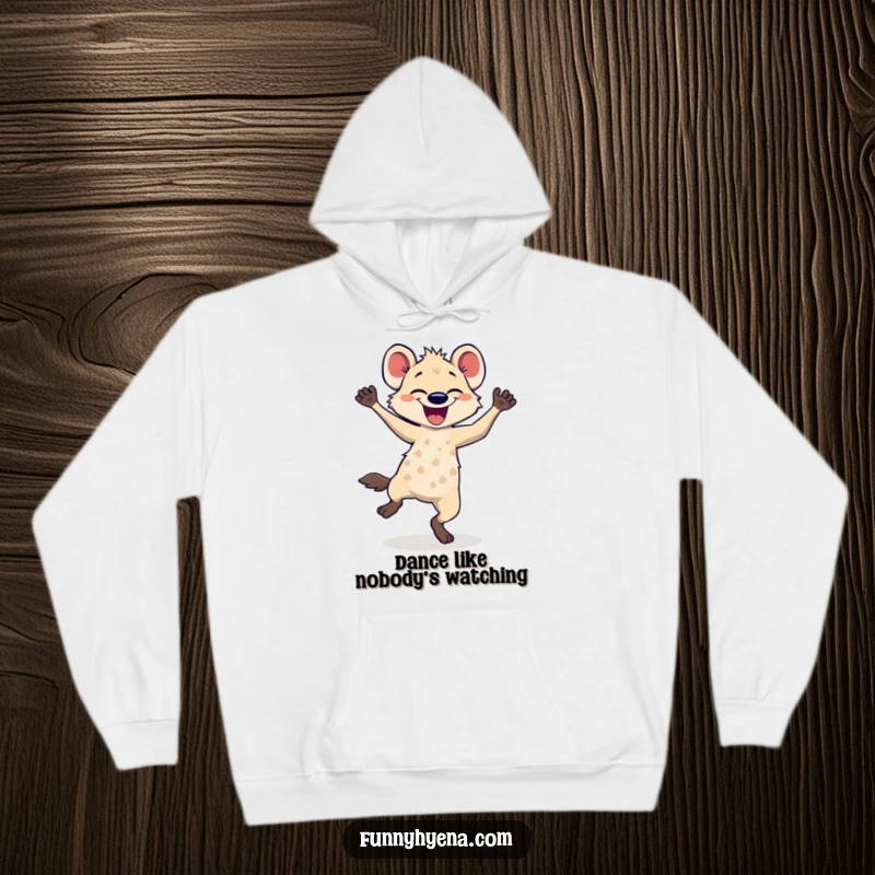 Funny hyena dancing hoodie, featuring a hyena energetically dancing, its legs a blur of happy, rhythmic motion.