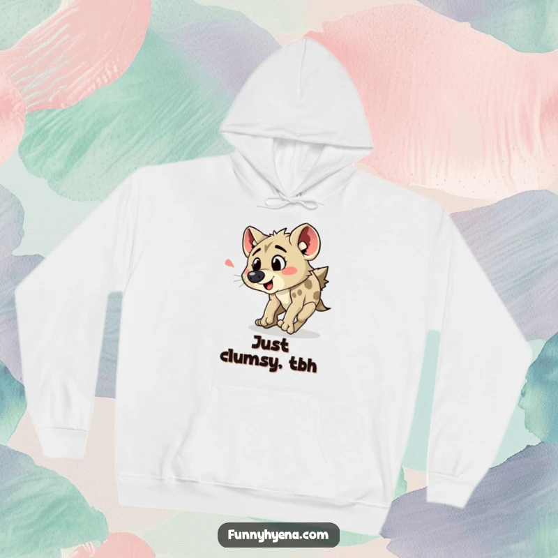 Funny hyena tripping hoodie design, featuring a comical hyena losing its footing with an exaggerated surprise yelp and flailing paws.