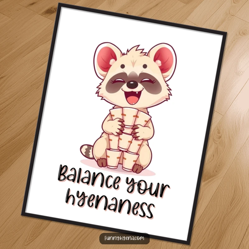 Funny Free Printable Wall Art: A kawaii hyena giggles with concentration, balancing a tall stack of tiny cups.