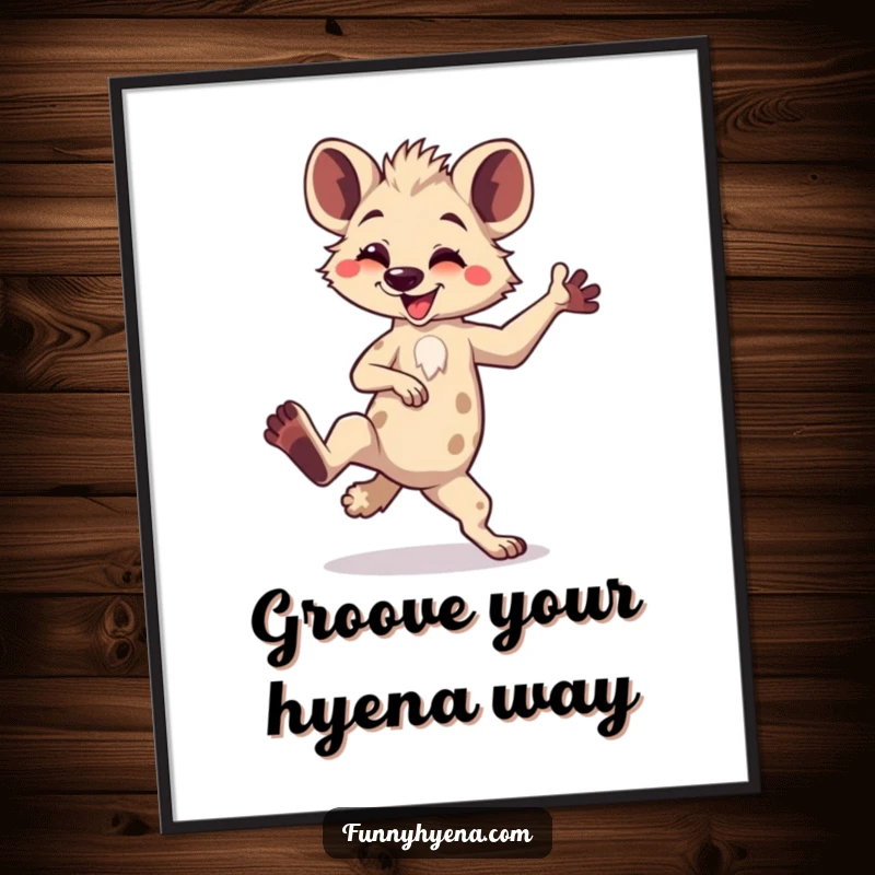 Funny Free Printable Wall Art: A kawaii hyena in a silly, energetic dance pose, one leg triumphantly raised.