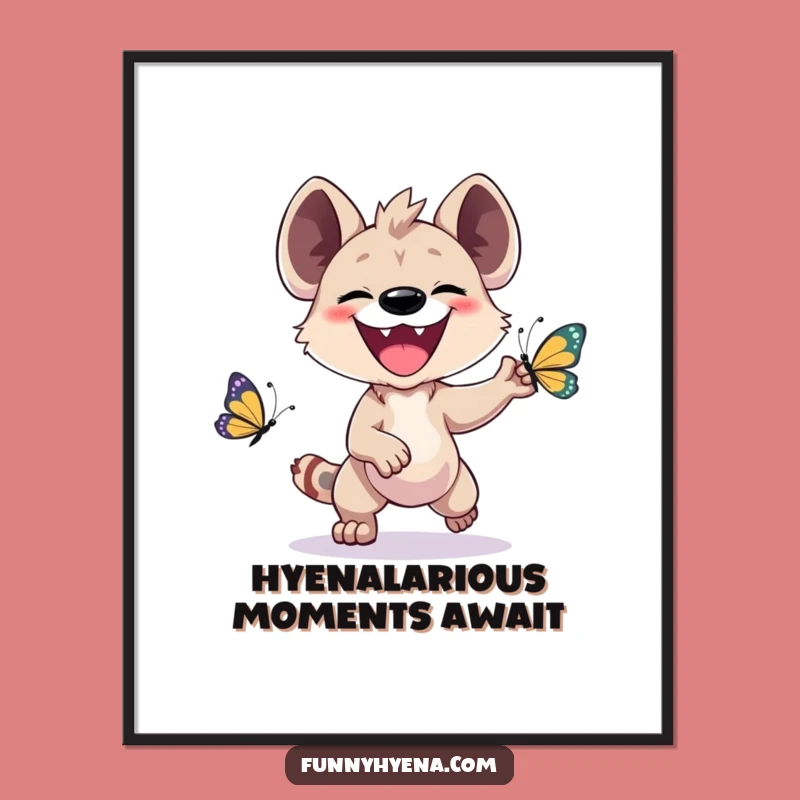 Free Printable Kawaii Hyena Art: Funny Hyena Butterfly Chase Wall Decor Downloadable Gift