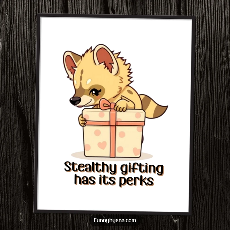 Funny Free Printable Wall Art of a hyena tiptoeing with exaggerated stealth carrying a large gift box, quirky downloadable decor.