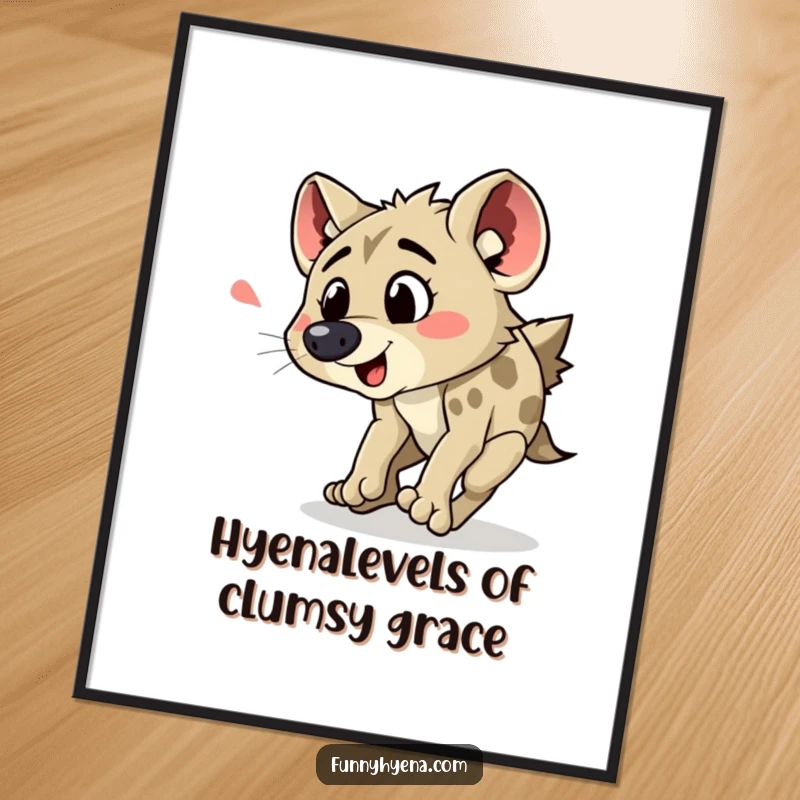 Funny free printable wall art featuring a hyena comically tripping, its surprised yelp captured in a humorous, downloadable design.