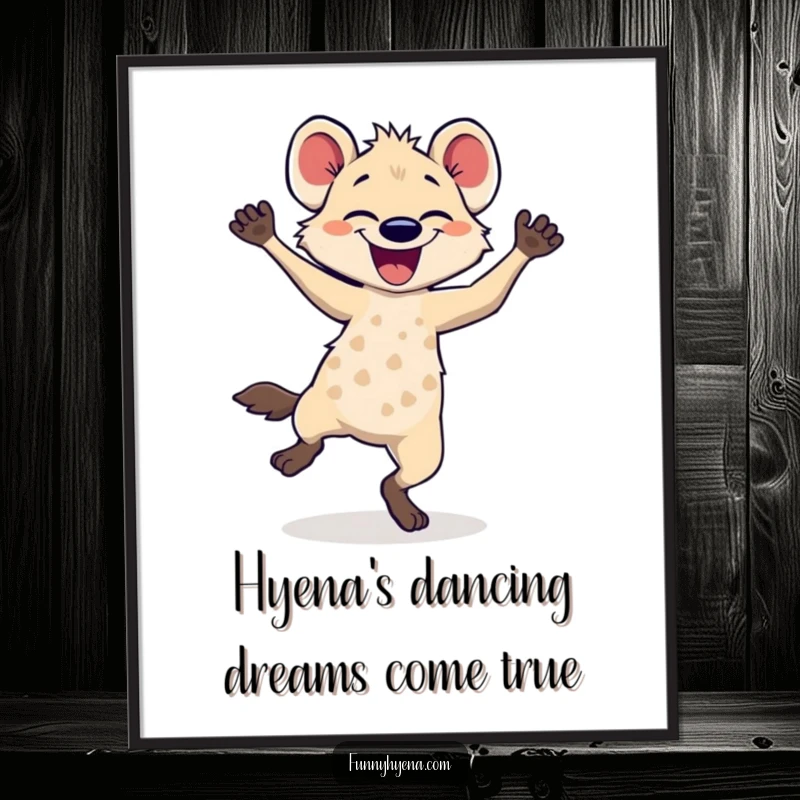 Funny free printable wall art of a hyena dancing joyfully, its legs a blur of energetic, happy motion, bringing cheer.
