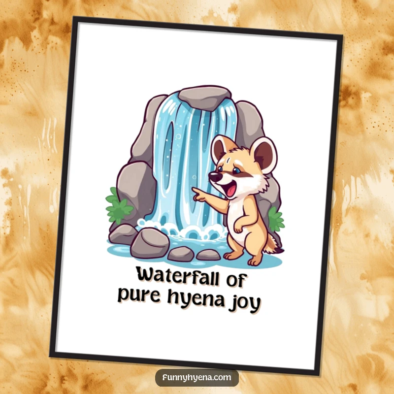 Funny free printable wall art of an excited hyena pointing at a cascading sparkling waterfall, capturing a moment of pure delight.