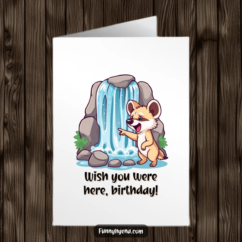 Free printable birthday card with an excited hyena pointing gleefully at a sparkling waterfall, perfect for a cheerful celebration.