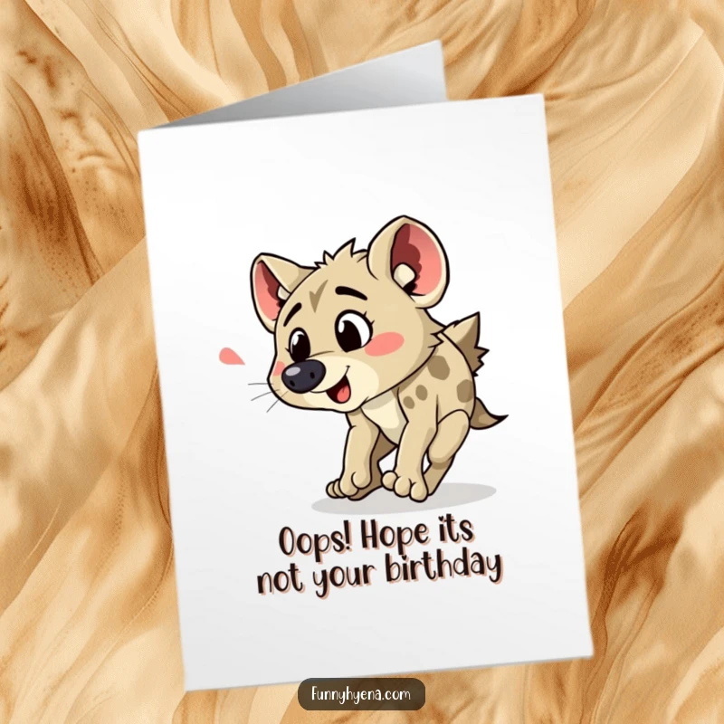 Funny free printable birthday card featuring a hyena comically tripping over its feet with a surprised yelp, ready to bring laughter.