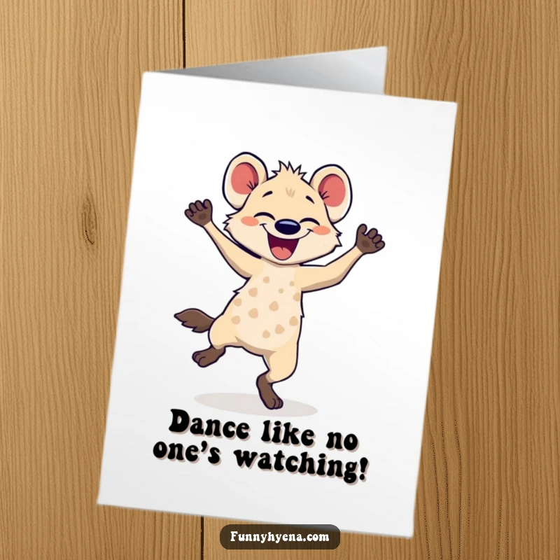Free printable birthday card featuring a hyena joyfully dancing with its legs a blur of happy motion, radiating pure celebration.