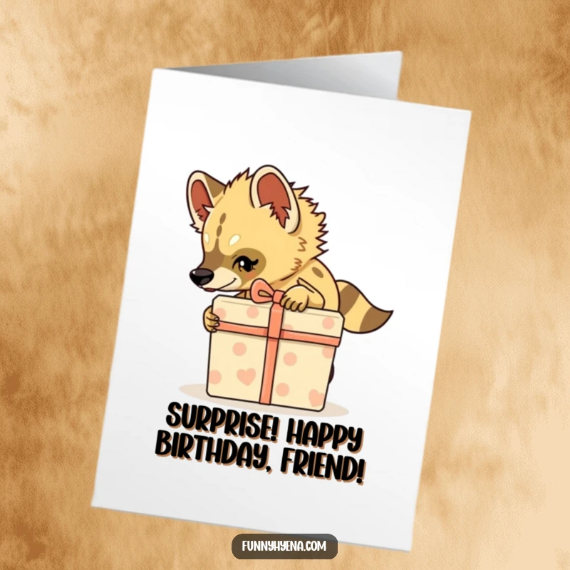 Funny Free Printable Birthday Card showing a hyena tiptoeing stealthily with a large gift box, a hilarious downloadable surprise.