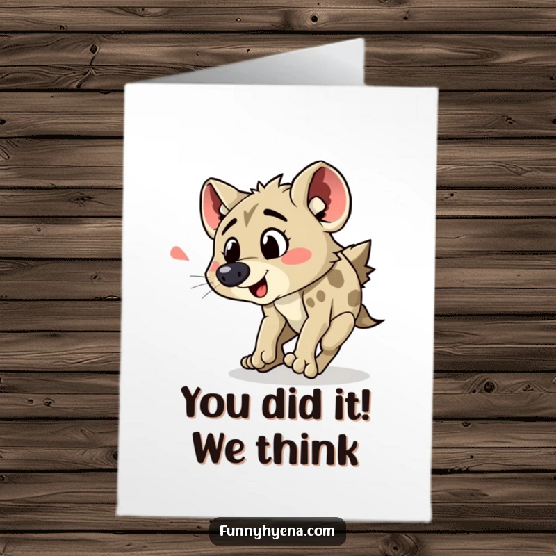 Funny free printable congratulations card showing a hyena tripping over its feet with a surprised yelp, bringing humor to any achievement.