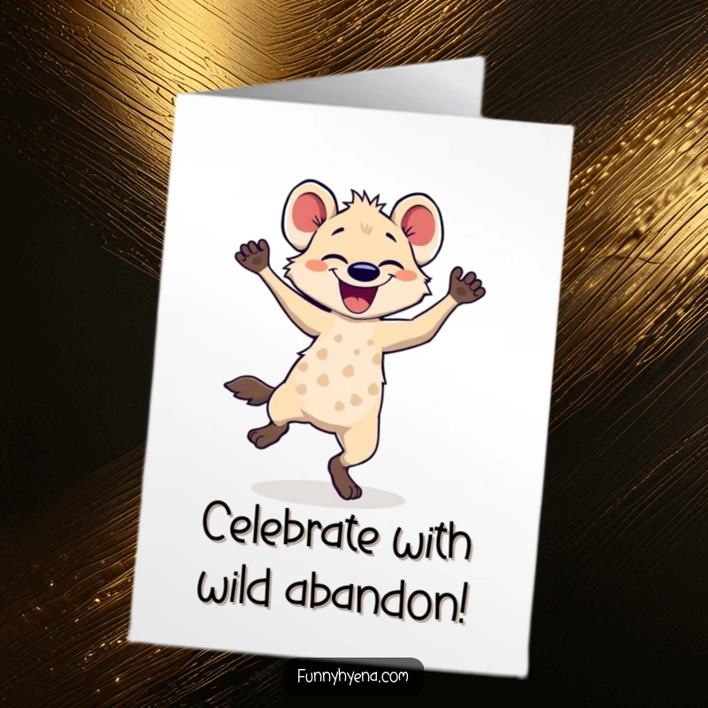 Free printable congratulations card showing a hyena dancing joyfully with legs blurred in happy motion, perfect for celebrating wins.