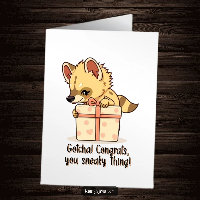 Funny Free Printable Congrats Card depicting a hyena tiptoeing stealthily with a large gift box, a humorous downloadable message.