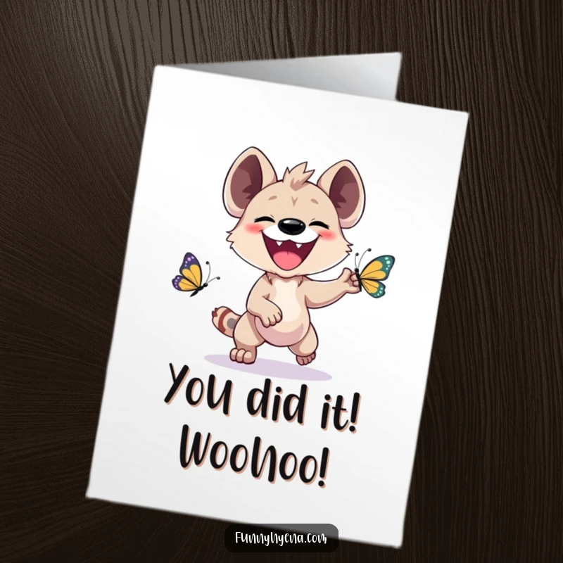 Funny Free Printable Congratulations Card: A kawaii hyena gleefully pursues a colorful butterfly in celebration.