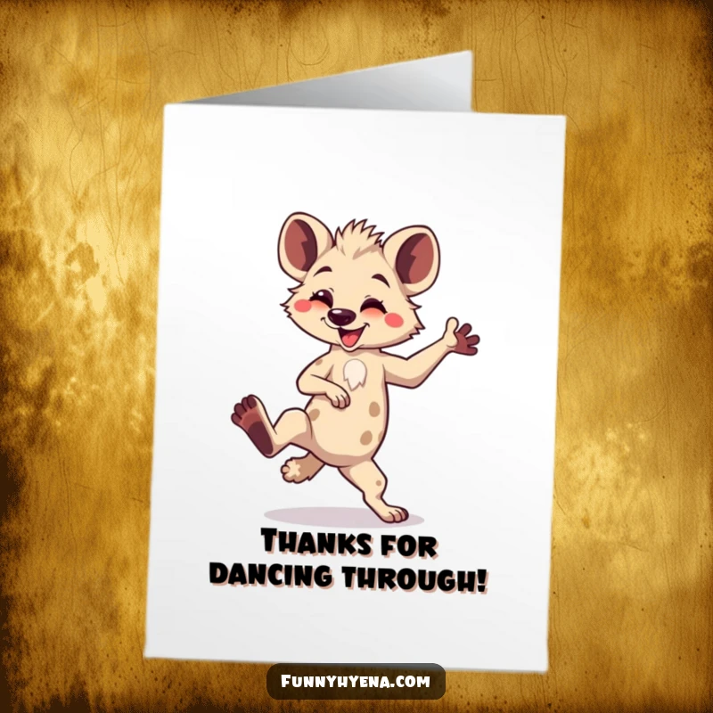 Funny Free Printable Thank You Card: A kawaii hyena playfully dances with one leg raised, expressing thanks.