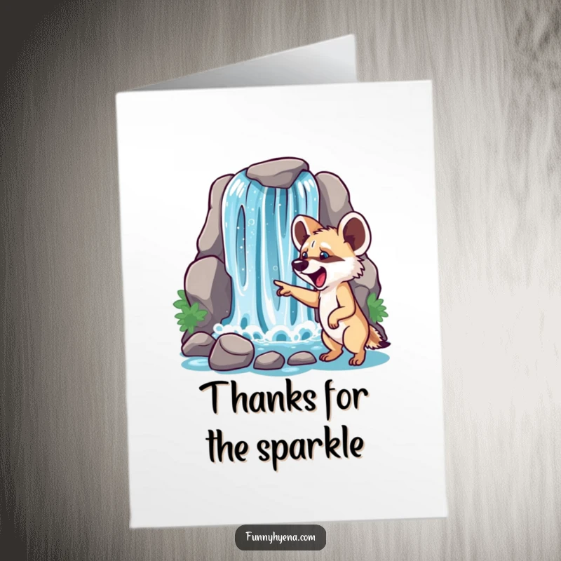 Free printable thank you card featuring an excited hyena pointing at a sparkling waterfall, a unique way to say thanks.