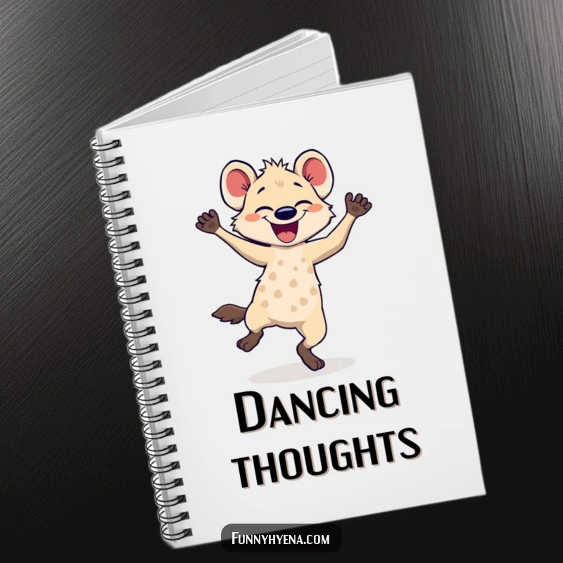 Funny hyena dancing notebook cover, featuring a hyena in a blur of joyful dance, perfect for jotting notes.
