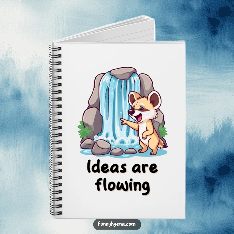 Funny hyena waterfall notebook cover, with a hyena pointing excitedly at a stunning waterfall, perfect for notes.