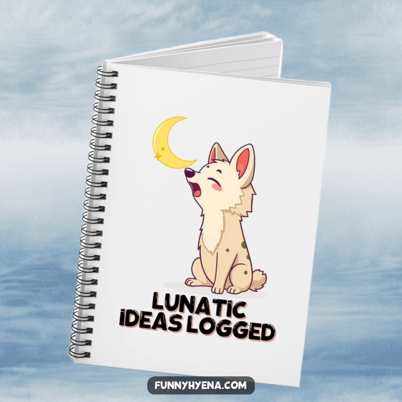 Funny Kawaii Hyena Notebook: A kawaii hyena enthusiastically howls at a crescent moon, inspiring creative journaling.