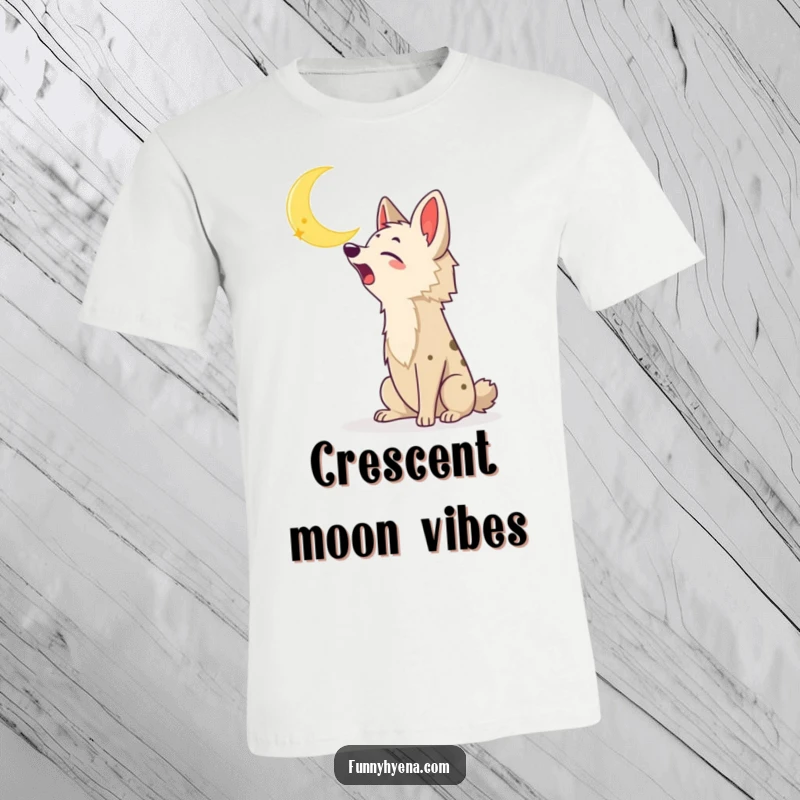 Funny Kawaii Hyena T-Shirt: A kawaii hyena passionately howls towards a luminous crescent moon, celebrating the night.