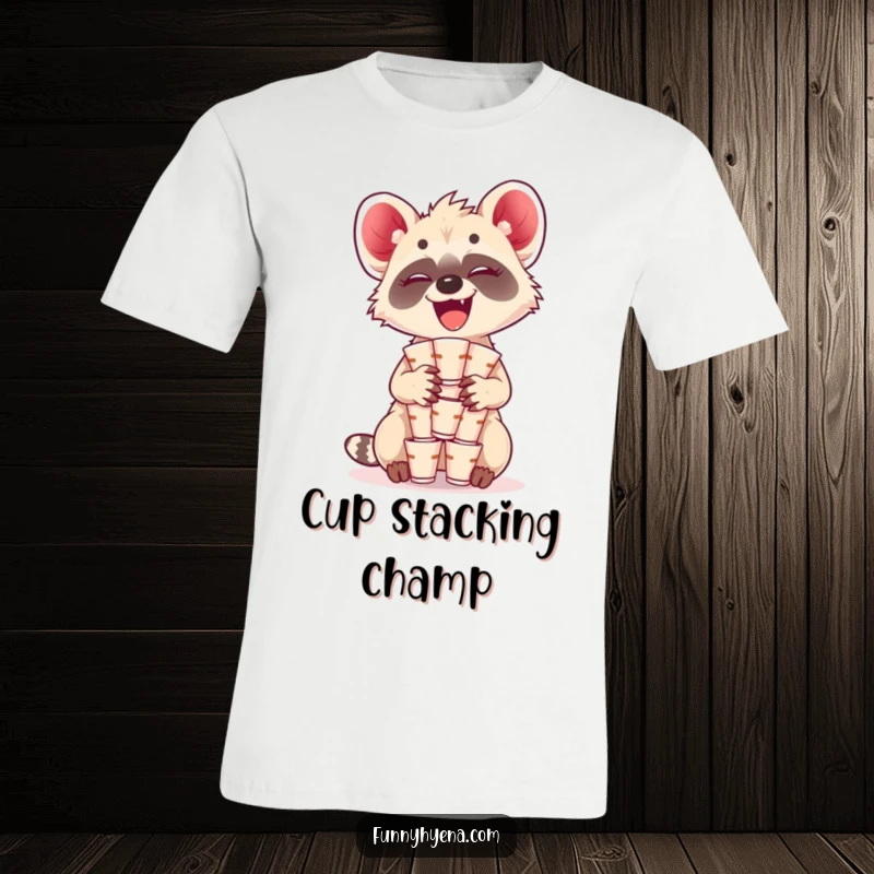 Funny Kawaii Hyena T-Shirt: A cute hyena laughs while wobbling a stack of tiny cups, embodying playful precariousness and joy.