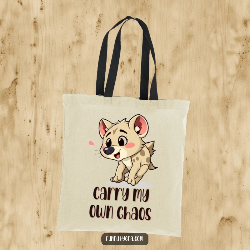Funny hyena tripping tote bag showcasing a cartoon hyena comically tumbling over its own feet, adding humor to your carry-all.