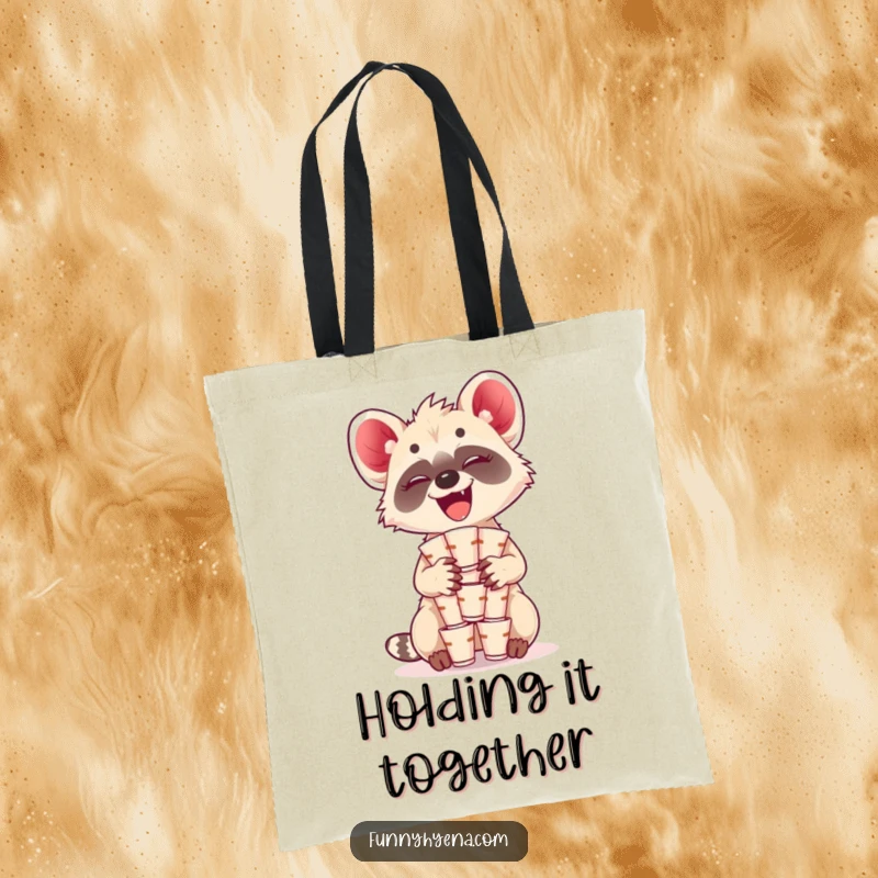 Funny Kawaii Hyena Tote Bag: A giggling hyena balances a tall stack of tiny cups, making everyday tasks amusing and stylish.