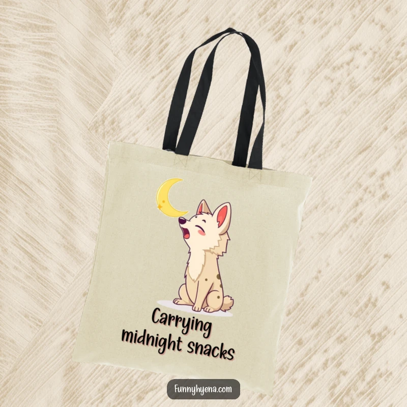 Funny Kawaii Hyena Tote Bag: A kawaii hyena joyfully howls at the moon; a functional and funny accessory for any outing.