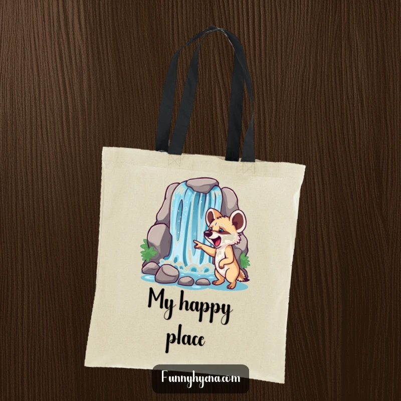 Funny hyena waterfall tote bag, illustrating a hyena pointing with excitement at a dazzling, cascading waterfall.